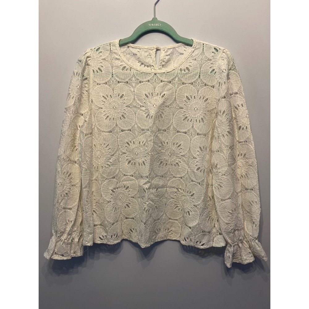 Floral Lace Long Sleeve Blouse Cream Ruffle Cuff Keyhole Back Top L